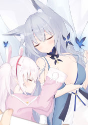 Rule 34 | 2girls, animal, animal ear fluff, animal ears, arms up, azur lane, bare shoulders, blue dress, breasts, bug, butterfly, closed eyes, closed mouth, commentary request, covering with blanket, dress, fake animal ears, grey hair, hair between eyes, highres, insect, jacket, laffey (azur lane), long hair, long sleeves, lying, medium breasts, multiple girls, on back, on side, pink jacket, profile, rabbit ears, roido (taniko-t-1218), shinano (azur lane), sleeveless, sleeveless dress, sleeves past wrists, smile, strap slip, twintails, white hair