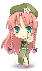 Rule 34 | 1girl, :&lt;, aqua eyes, bow, braid, chibi, chibi only, china dress, chinese clothes, clenched hand, dress, female focus, fighting stance, frown, hair bow, hat, hong meiling, immaterial and missing power, kito (sorahate), long hair, lowres, pink hair, solo, star (symbol), touhou, twin braids