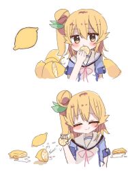 Rule 34 | 1girl, blonde hair, blush, closed eyes, closed mouth, commentary request, cropped torso, eating, food, fruit, fuio, highres, hinatsuki mikan, lemon, lemon slice, long hair, machikado mazoku, neck ribbon, one side up, red ribbon, ribbon, side ponytail, simple background, smile, upper body, white background, yellow eyes