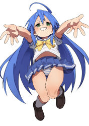 1girl ahoge blue_hair blue_sailor_collar blue_skirt blush fu-ta green_eyes grin highres izumi_konata kneehighs loafers long_hair lucky_star mole mole_under_eye panties pantyshot pleated_skirt reaching reaching_towards_viewer sailor_collar school_uniform serafuku shoes short_sleeves simple_background skirt smile socks solo striped_clothes striped_panties underwear white_background white_socks