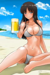 Rule 34 | 10s, 1girl, alcohol, barefoot, beach, beer, bikini, black hair, blush, breasts, brown eyes, collarbone, dated, day, drink, female focus, girls und panzer, groin, highres, large breasts, looking at viewer, matsui yasutsugu, navel, nishizumi shiho, ocean, smile, solo, spread legs, swimsuit, white bikini