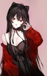 Rule 34 | 1girl, :o, black bow, black dress, black hair, bow, breasts, brown background, cleavage, collarbone, commentary, dress, hair between eyes, hair bow, hand up, highres, jacket, long hair, long sleeves, looking at viewer, medium breasts, naru (ul), off shoulder, open clothes, open jacket, original, parted lips, puffy long sleeves, puffy sleeves, red eyes, red jacket, simple background, sleeveless, sleeveless dress, sleeves past wrists, solo, symbol-only commentary, very long hair
