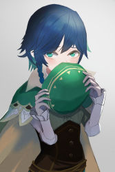 Rule 34 | 1boy, androgynous, beret, black hair, blue hair, braid, collared cape, commentary request, corset, covered mouth, frilled sleeves, frills, genshin impact, gradient hair, green eyes, green hat, grey background, hat, highres, holding, holding clothes, holding hat, long sleeves, looking at viewer, male focus, multicolored hair, sanomaki, shirt, short hair with long locks, side braids, sidelocks, simple background, solo, twin braids, unworn hat, unworn headwear, venti (genshin impact), white shirt
