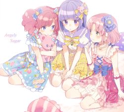 Rule 34 | 10s, 3girls, aikatsu!, aikatsu! (series), amahane madoka, blue eyes, blue ribbon, blunt bangs, blush, booota, bow, bowtie, buttons, dress, drill hair, earrings, english text, frilled dress, frills, from above, gloves, green eyes, hair ornament, hair ribbon, heart button, hikami sumire, holding, holding stuffed toy, jewelry, kitaoji sakura, long hair, multiple girls, necklace, parted bangs, pink hair, puffy short sleeves, puffy sleeves, purple eyes, purple hair, ribbon, short hair, short sleeves, sitting, skirt, skirt set, sleeveless, smile, stuffed toy, suspender skirt, suspenders, twin drills, wariza, white background, white gloves, wrist cuffs, yellow bow, yellow bowtie