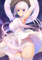 Rule 34 | 1girl, absurdres, ahoge, arm up, armpits, azur lane, blue eyes, blush, breasts, commentary request, cowboy shot, dress, elbow gloves, garter belt, garter straps, gloves, hat, highres, illustrious (azur lane), lace, large breasts, long hair, looking at viewer, low twintails, mole, mole under eye, open mouth, panties, revision, solo, standing, tatapopo, thighhighs, twintails, underwear, very long hair, white dress, white hair, white panties, white thighhighs