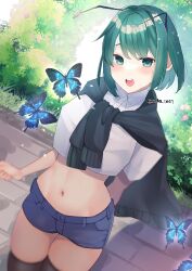 Rule 34 | 1girl, absurdres, adapted costume, aged up, antennae, aoko (myut7287), blue butterfly, blue shorts, bug, butterfly, collared shirt, crop top, denim, denim shorts, green eyes, green hair, highres, insect, midriff, navel, outdoors, shirt, short hair, short sleeves, shorts, solo, sweater around neck, swept bangs, thighhighs, tomboy, touhou, white shirt, wriggle nightbug