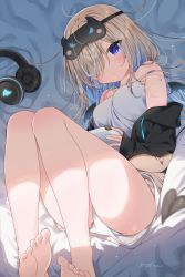 Rule 34 | 1girl, bad id, bad pixiv id, barefoot, bed sheet, black jacket, blue hair, blue nails, blue panties, breasts, brown hair, camisole, closed mouth, commentary, controller, game controller, headphones, highres, holding, jacket, long hair, long sleeves, looking at viewer, mafuyu (chibi21), medium breasts, multicolored hair, nail polish, off shoulder, open clothes, open jacket, original, panties, purple eyes, short shorts, shorts, signature, sleeves past wrists, soles, solo, symbol-only commentary, toenail polish, toenails, two-tone hair, underwear, white camisole, white shorts