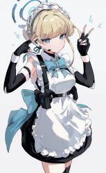 Rule 34 | 1girl, apron, armpits, black gloves, black thighhighs, blue archive, blue eyes, blunt bangs, bow, bowtie, collar, commentary request, double v, fingerless gloves, gloves, hair bun, halo, headset, highres, holster, light brown hair, long hair, looking at viewer, maid, maid apron, maid headdress, shoulder holster, shoulder strap, sidelocks, simple background, single hair bun, sleeveless, solo, thighhighs, toki (blue archive), v, white background, yoyopipa, zettai ryouiki