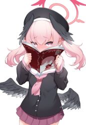 Rule 34 | 1girl, beret, black hat, black jacket, black wings, blue archive, blush, book, bright pupils, commentary, content rating, covered mouth, cowboy shot, embarrassed, feathered wings, floating hair, full-face blush, hair between eyes, halo, hat, head wings, highres, holding, holding book, jacket, koharu (blue archive), long hair, looking at viewer, low wings, miniskirt, neckerchief, open book, pink eyes, pink hair, pink neckerchief, pink skirt, pleated skirt, raised eyebrows, red halo, sailor collar, school uniform, serafuku, simple background, skirt, sleeves past wrists, solo, tsurime, twintails, upturned eyes, white background, white sailor collar, wings, yamichi (yamichi8369)