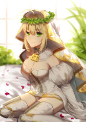 Rule 34 | 10s, 1girl, ahoge, bad id, bad pixiv id, belt, belt skirt, blonde hair, breasts, chain, cleavage, closed mouth, detached collar, detached sleeves, fate/extra, fate/extra ccc, fate/grand order, fate (series), full-length zipper, green eyes, hair intakes, leotard, lock, looking at viewer, nero claudius (bride) (fate), nero claudius (bride) (third ascension) (fate), nero claudius (fate), nero claudius (fate) (all), oranggila12, padlock, petals, puffy detached sleeves, puffy sleeves, sidelocks, sitting, sleeves past wrists, smile, solo, strapless, strapless leotard, thighhighs, veil, white leotard, white thighhighs, wide sleeves, wreath, yokozuwari, zipper, zipper pull tab