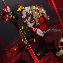 Rule 34 | 1boy, armor, black hair, bleeding, blood, blood on face, blood on hands, bloody weapon, fingernails, glowing, glowing eye, greaves, green eyes, hades (series), hades 1, heterochromia, highres, holding, holding sword, holding weapon, laurel crown, looking at another, loped, male focus, muscular, on one knee, parted lips, pauldrons, planted, planted sword, planted weapon, red eyes, shoulder armor, single pauldron, solo, sword, weapon, zagreus (hades)