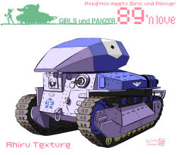 Rule 34 | 1girl, alternate color, aoneco, ball, breasts, caterpillar tracks, commentary request, creatures (company), dated, emblem, english text, game freak, gen 1 pokemon, girls und panzer, kondou taeko, long hair, military, military vehicle, motor vehicle, nintendo, ooarai (emblem), pokemon, pokemon (creature), pokemon go, porygon, shiny pokemon, signature, tank, type 89 i-gou