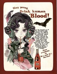 1girl absurdres ad ambiguous_red_liquid anjo_nala bat_(animal) black_hair border closed_mouth cup curled_horns demon_horns dress drink drinking_glass drinking_straw drinking_straw_in_mouth english_text fingernails gloves grey_gloves hands_up highres holding holding_cup holding_drink holding_drinking_straw horns low_horns medium_hair pink_dress portrait poster_parody purple_eyes red_border reverse:1999 sharp_fingernails smile solo yellow_background yeshu_bu_shi_yes