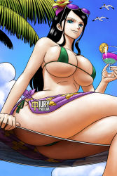 Rule 34 | 1girl, ass, bikini, black hair, blue eyes, breasts, cleavage, cloud, cropped legs, cup, day, drinking glass, eyewear on head, from below, glasses, huge ass, huge breasts, iury padilha, long hair, looking at viewer, looking down, micro bikini, nico robin, one piece, sarong, see-through, shiny skin, smile, sunglasses, swimsuit, thick thighs, thighs, underboob, wide hips