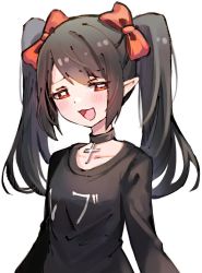 Rule 34 | 1girl, black hair, black sweater, blush, choker, cross, cross necklace, hair ribbon, half-closed eyes, jewelry, karses, long sleeves, looking at viewer, necklace, open mouth, pointy ears, red eyes, rev says desu, ribbon, simple background, sweater, twintails, virtual youtuber, white background