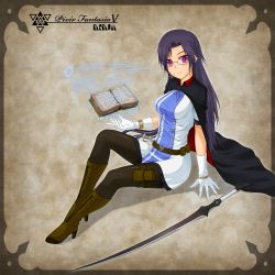 Rule 34 | 1girl, black hair, boots, cloak, glasses, gloves, highres, long hair, midnight (banyex), pantyhose, pixiv fantasia, pixiv fantasia 5, purple eyes, sitting, solo, sword, weapon