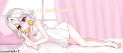 Rule 34 | 1girl, absurdres, blush, closed mouth, curtains, dress, earrings, full body, highres, jewelry, looking at viewer, luoyezi, lying, on side, pajamas, pillow, pink curtains, red eyes, ruby (tower of fantasy), short hair, solo, tower of fantasy, white dress, white hair, window