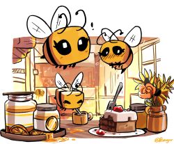 Rule 34 | !, absurdres, animal focus, bee, bee (minecraft), blush, bug, cake, cake slice, day, eyelashes, flower, food, highres, honey, honey dipper, indoors, insect, jar, minecraft, no humans, peargor