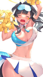 Rule 34 | 1girl, animal ears, armpits, arms up, bare shoulders, black hair, blue archive, blue eyes, blush, breasts, cheering, cheerleader, closed eyes, collarbone, cowboy shot, crop top, dog ears, dog girl, dog tail, eyewear on head, goggles, goggles on head, halo, hibiki (blue archive), hibiki (cheer squad) (blue archive), highres, holding, holding pom poms, long hair, midriff, millennium cheerleader outfit (blue archive), navel, official alternate costume, open mouth, pom pom (cheerleading), pom poms, ponytail, simple background, skirt, sleeveless, solo, standing, sticker on face, tail, text print, white background, white skirt, yellow halo, yuuki1103