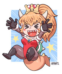 Rule 34 | 1girl, armlet, ayyk92, black gloves, black pantyhose, blonde hair, blue background, bowsette, bracelet, chibi, christmas, collar, dress, gloves, jewelry, mario (series), new super mario bros. u deluxe, nintendo, outside border, pantyhose, ponytail, red dress, santa dress, simple background, solo, spiked armlet, spiked bracelet, spiked collar, spiked shell, spikes, super crown, tail