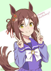 Rule 34 | 1girl, animal ears, blush, brown hair, commentary request, double v, fine motion (umamusume), folded ponytail, hair between eyes, hair ornament, happy birthday, highres, horse ears, horse girl, horse tail, looking at viewer, school uniform, simple background, smile, solo, tail, tracen school uniform, tsuji tomoko, umamusume, v