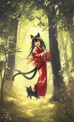 Rule 34 | 1girl, :d, absurdres, animal, animal ears, barefoot, bell, black hair, cat, cat ears, cat girl, cat tail, fang, forest, highres, japanese clothes, jingle bell, kimono, long hair, looking at viewer, multiple tails, nature, nekomata, open mouth, original, outdoors, red kimono, smile, standing, tail, toumin (onemunemu99), two tails, yellow eyes, traditional youkai