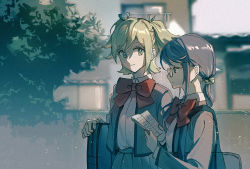Rule 34 | 2girls, arm at side, artist name, backlighting, bag, bell, blonde hair, blurry, blurry background, book, bow, bowtie, building, closed mouth, collared shirt, commentary request, daiba nana, glasses, green eyes, green ribbon, grey jacket, grey skirt, guagua shijie, hair bell, hair ornament, hair ribbon, hand up, hands up, holding, holding book, hoshimi junna, jacket, jingle bell, light particles, light smile, long hair, long sleeves, looking at another, looking at object, looking down, looking to the side, low ponytail, multiple girls, open book, open clothes, open jacket, outdoors, pleated skirt, ponytail, profile, purple hair, reading, red bow, red bowtie, ribbon, school bag, school uniform, seishou music academy uniform, shirt, shirt tucked in, short hair, short twintails, shoujo kageki revue starlight, shoulder bag, side-by-side, skirt, standing, swept bangs, town, tree, twintails, upper body, white shirt