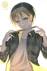 Rule 34 | 1boy, bishounen, black hair, black shirt, blonde hair, character name, collared shirt, dyed bangs, green eyes, hair between eyes, hand fan, highres, hikaru no go, holding, holding fan, long sleeves, male focus, monicanc, multicolored hair, open clothes, open shirt, plaid, plaid shirt, shindou hikaru, shirt, short hair, solo, two-tone hair, upper body, white shirt, wing collar