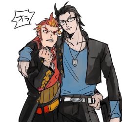 Rule 34 | 10s, 2boys, akai suzaku, arm around shoulder, belt, black hair, blonde hair, clenched hand, cropped jacket, glasses, idolmaster, idolmaster side-m, jewelry, kurono genbu, male focus, multicolored hair, multiple boys, necklace, red hair, simple background, two-tone hair, white background