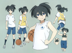 Rule 34 | 10s, 1girl, armpits, ball, bare shoulders, basketball, black hair, black rock shooter, blue eyes, bra, character sheet, costume chart, female focus, kuroi mato, looking at viewer, multiple views, shoes, short hair, simple background, smile, socks, sports bra, twintails, underwear, upper body