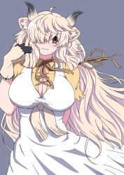 Rule 34 | 1girl, ahoge, animal ear fluff, animal ears, arm behind back, blonde hair, breasts, brown eyes, cleavage, closed mouth, collared shirt, cowboy shot, dress, gloves, grey background, hair over one eye, hair ribbon, hand up, highres, horns, huge breasts, impossible clothes, impossible dress, kemono friends, long dress, long hair, looking at viewer, mamiyama, multicolored horns, neck ribbon, ox girl, ox horns, parted bangs, ribbon, shirt, short sleeves, simple background, smile, solo, very long hair, white dress, wing collar, yak (kemono friends)