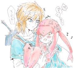 Rule 34 | 1boy, 1girl, ^^^, blonde hair, blue eyes, blue shirt, blush, bracer, carrying, collarbone, colored skin, diamond (shape), fins, fish girl, flying sweatdrops, hair between eyes, hair ornament, interlocked fingers, konagona, link, lips, long hair, long sleeves, mipha, monster girl, multicolored skin, nintendo, no eyebrows, no nose, open mouth, orange eyes, own hands clasped, own hands together, pointy ears, princess, princess carry, red hair, red skin, sheath, sheathed, shirt, short hair, short ponytail, short sleeves, simple background, speech bubble, strap, sweat, sword, teeth, text focus, the legend of zelda, the legend of zelda: breath of the wild, translated, undershirt, weapon, white background, white shirt, white skin, zora