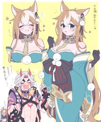 Rule 34 | 1girl, 2boys, animal ears, arataki itto, black gloves, blue eyes, blush, body blush, bodypaint, breasts, brown hair, cleavage, clenched hands, closed eyes, cosplay, detached sleeves, dog bog, dog ears, fang, genshin impact, gloves, gorou (genshin impact), gorou (genshin impact) (cosplay), grey hair, hair ornament, highres, hina (genshin impact), homare (g hmr88), horns, inset, japanese clothes, japanese text, large breasts, linea alba, long hair, looking at viewer, midriff, multicolored hair, multiple boys, multiple views, navel, open mouth, parted lips, red horns, simple background, sneezing, standing, tail, thick eyebrows, toned, toned male, topless male, translation request, very long hair, vision (genshin impact), white hair, wide sleeves, yellow background