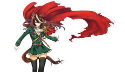 Rule 34 | 1girl, absurdres, aiguillette, akaya shiki, animal ears, artist name, ascot, black thighhighs, buttons, cape, clenched hand, closed mouth, commentary request, cowboy shot, double-breasted, earrings, epaulettes, gloves, green jacket, green skirt, hair between eyes, highres, horse ears, horse girl, horse tail, jacket, jewelry, looking at viewer, medal, multicolored hair, purple eyes, red cape, simple background, single earring, single epaulette, skirt, solo, streaked hair, symboli rudolf (umamusume), tail, thighhighs, umamusume, white ascot, white background, white gloves, white hair