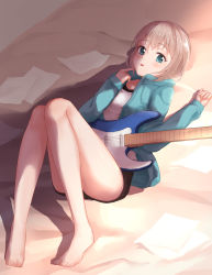 Rule 34 | 1girl, aoba moca, bang dream!, barefoot, black shorts, blue eyes, blush, coldcat., collarbone, commentary, drawstring, electric guitar, fender stratocaster, full body, green hoodie, grey hair, guitar, highres, hood, hood down, hoodie, index finger raised, instrument, knees together feet apart, legs up, light rays, long sleeves, looking at viewer, lying, on back, on bed, open clothes, open hoodie, open mouth, paper, schecter guitar research, shadow, shirt, short hair, short shorts, shorts, sidelocks, solo, sunbeam, sunlight, thighs, white shirt