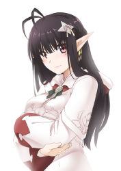 Rule 34 | 1girl, antenna hair, crossed arms, earrings, jewelry, long hair, looking at viewer, mole, mole under eye, pointy ears, red eyes, shimotsuki iko, simple background, smile, solo, white background