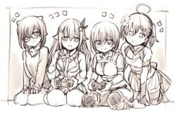 Rule 34 | 4girls, a-chan (hololive), ahoge, bare shoulders, breasts, cleavage, cleavage cutout, clothing cutout, collarbone, controller, detached sleeves, flower, game controller, glasses, hair ornament, hairclip, highres, hololive, kneeling, long hair, long sleeves, miniskirt, monochrome, multiple girls, nontraditional miko, nosir onadat, open mouth, roboco-san, roboco-san (1st costume), sakura miko, sakura miko (old design), side ponytail, sitting, skirt, thighhighs, tokino sora, tokino sora (1st costume), virtual youtuber, zettai ryouiki