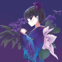 Rule 34 | 1girl, black hair, blue background, blue eyes, blush, colored eyelashes, floral background, floral print, flower, from side, hair flower, hair ornament, japanese clothes, kimono, long sleeves, looking at viewer, original, profile, short hair, sleeves past wrists, solo, takigawa yuu, upper body