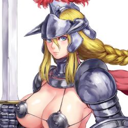 Rule 34 | 1girl, armor, bikini armor, blonde hair, blue eyes, blush, braid, breasts, cape, closed mouth, commentary request, copyright request, gauntlets, hair between eyes, holding, holding shield, holding sword, holding weapon, large breasts, long hair, looking at viewer, multicolored eyes, pauldrons, plume, purple eyes, red cape, shield, shoulder armor, shu-mai, simple background, solo, sword, upper body, weapon, white background