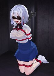 Rule 34 | 1girl, absurdres, arms behind back, ball gag, bdsm, blindfold, blue skirt, bondage, bound, breasts, chain, commentary request, falken (yutozin), gag, highres, kneeling, large breasts, original, red rope, restrained, rope, shibari, shirt, short hair, skirt, socks, solo, tied up (nonsexual), white hair, white shirt, white socks