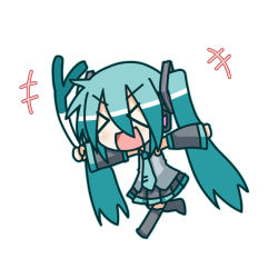 Rule 34 | &gt; &lt;, 1girl, :d, chibi, chibi miku, closed eyes, detached sleeves, hatsune miku, long hair, minami (colorful palette), necktie, open mouth, simple background, smile, solo, spring onion, thighhighs, twintails, vocaloid, xd