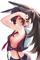 Rule 34 | absurdres, adjusting hair, animal ears, armpits, black hair, breasts, commentary request, highres, hololive, japanese clothes, long hair, looking at viewer, ookami mio, ookami mio (1st costume), sideboob, simple background, solo, toshizou (0714), virtual youtuber, white background, wolf ears, yellow eyes