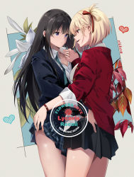 Rule 34 | 2girls, artist name, black hair, black jacket, black skirt, blonde hair, breasts, character name, cleavage, closed mouth, clothes lift, collared shirt, copyright name, cowboy shot, dress shirt, hand on another&#039;s waist, heart, highres, holding hands, inoue takina, jacket, leaf, lifting another&#039;s clothes, long hair, looking at another, lycoris recoil, lycoris uniform, multiple girls, neko (yanshoujie), nishikigi chisato, one side up, open mouth, plaid, plaid skirt, pleated skirt, purple eyes, red eyes, red jacket, school uniform, shirt, short hair, sidelocks, skirt, skirt lift, sleeves rolled up, thighs, watch, white shirt, wristwatch, yuri