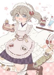 Rule 34 | 1girl, absurdres, alt text, alternate costume, apron, blue eyes, blue skirt, blush, boots, brown footwear, character name, enmaided, food, grey hair, hair between eyes, highres, knee boots, long hair, maid, maid apron, maid headdress, mononobe no futo, open mouth, pleated skirt, ponytail, sakurasaka, skirt, sleeves past fingers, sleeves past wrists, solo, touhou, wa maid, white apron, wide sleeves