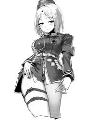Rule 34 | 1girl, absurdres, akitaka takaaki, armband, belt, blush, breasts, cropped legs, cross, girls&#039; frontline, greyscale, half-closed eyes, highres, iron cross, long sleeves, medium breasts, military, military uniform, monochrome, mp40 (girls&#039; frontline), no pants, short hair, simple background, smile, solo, thigh strap, uniform