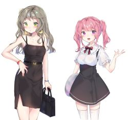 Rule 34 | 2girls, absurdres, bad id, bad pixiv id, bag, black bow, black dress, blush, bow, brown hair, collarbone, dress, green eyes, highres, holding, holding bag, holding plate, long hair, maid, medium hair, multiple girls, open mouth, original, pink hair, plate, puffy short sleeves, puffy sleeves, purple eyes, red bow, short sleeves, simple background, thighhighs, twintails, urim (paintur), white background, white legwear