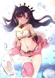 Rule 34 | 1girl, absurdres, bare shoulders, bee doushi, bikini, black bikini, black hair, black ribbon, black thighhighs, blush, closed mouth, collar, collarbone, commentary request, earrings, unworn eyewear, fate/grand order, fate (series), fur-trimmed jacket, fur trim, hair ribbon, highres, hoop earrings, ishtar (fate), jacket, jewelry, long hair, long sleeves, looking at viewer, mismatched bikini, navel, off shoulder, open clothes, open jacket, pink jacket, red eyes, ribbon, signature, single thighhigh, smile, solo, standing, standing on one leg, stomach, sunglasses, swimsuit, thigh gap, thighhighs, two side up, very long hair, water drop, white-framed eyewear, white bikini