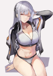 Rule 34 | 1girl, absurdres, ak-12 (age of slushies) (girls&#039; frontline), ak-12 (girls&#039; frontline), bikini, blush, braid, breasts, cleavage, collarbone, female focus, french braid, girls&#039; frontline, grey bikini, grey panties, hand in own hair, highres, jacket, kyoyakyo, large breasts, long hair, long sleeves, looking at viewer, navel, official alternate costume, one eye closed, open clothes, open jacket, panties, parted lips, ponytail, red eyes, sidelocks, silver hair, simple background, sitting, solo, sports bikini, swimsuit, underwear, white background