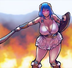 Rule 34 | 1girl, bandai namco, bare shoulders, blue hair, blunt bangs, boots, bracelet, breasts, brown hair, bun cover, cleavage, cosplay, curvy, dress, erkaz, fire, hairband, highres, huge breasts, jewelry, large breasts, long hair, looking at viewer, medium hair, namco, open mouth, purple eyes, red eyes, rina atherina, shield, short hair, simple background, skirt, smile, solo, sophitia alexandra, sophitia alexandra (cosplay), soul calibur, sword, thighs, weapon