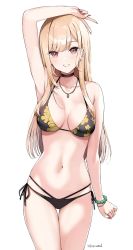 Rule 34 | 1girl, arm up, armpits, artist name, bare arms, bare shoulders, bead bracelet, beads, bikini, black bikini, black choker, blonde hair, bracelet, breasts, choker, collarbone, cowboy shot, ear piercing, earrings, female focus, floral print, grin, halterneck, highres, jewelry, kaetzchen, kitagawa marin, long hair, looking at viewer, medium breasts, multi-strapped bikini bottom, nail polish, navel, necklace, piercing, print bikini, red eyes, side-tie bikini bottom, simple background, smile, solo, sono bisque doll wa koi wo suru, standing, stomach, string bikini, swimsuit, thigh gap, thighs, v, white background